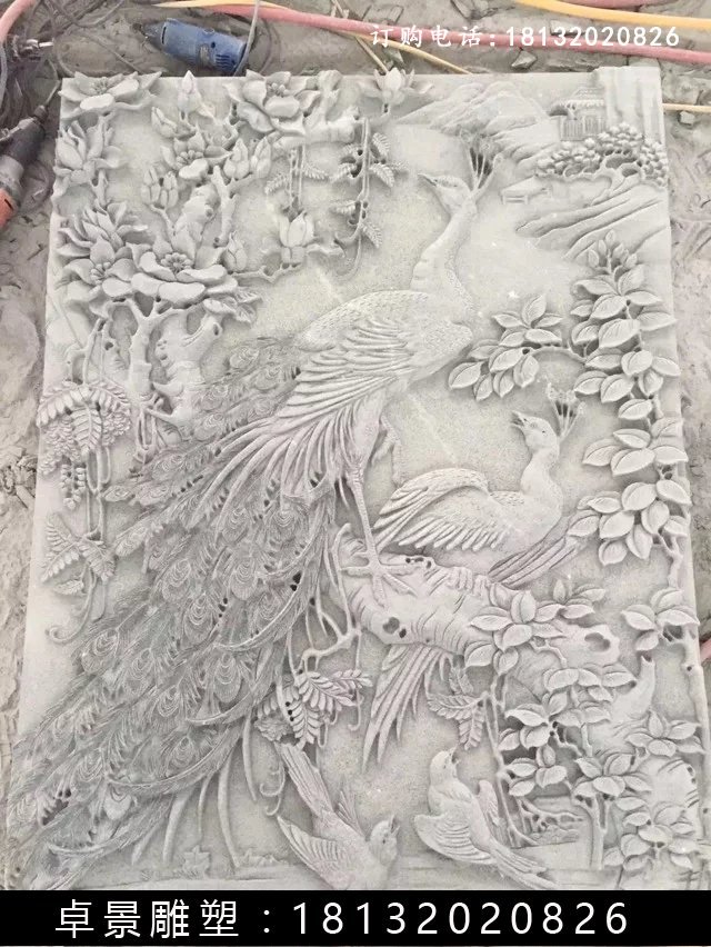 石雕百鳥(niǎo)朝鳳浮雕，漢白玉石浮雕