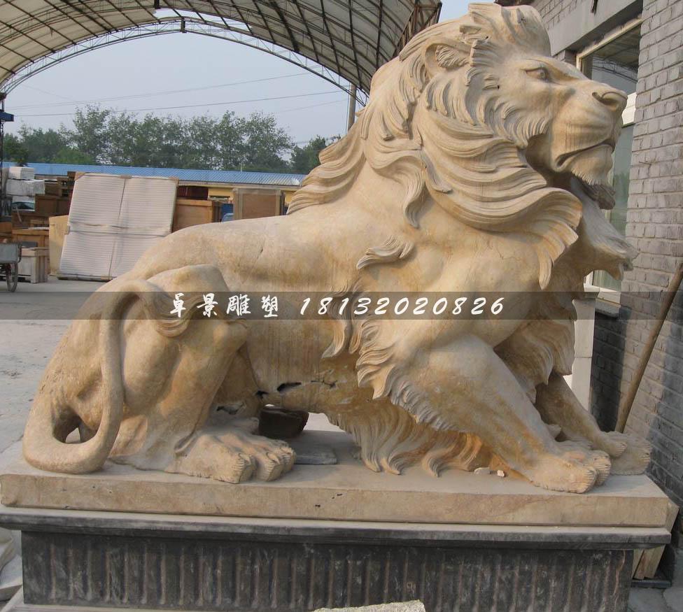 石獅子雕塑，晚霞紅獅子雕塑