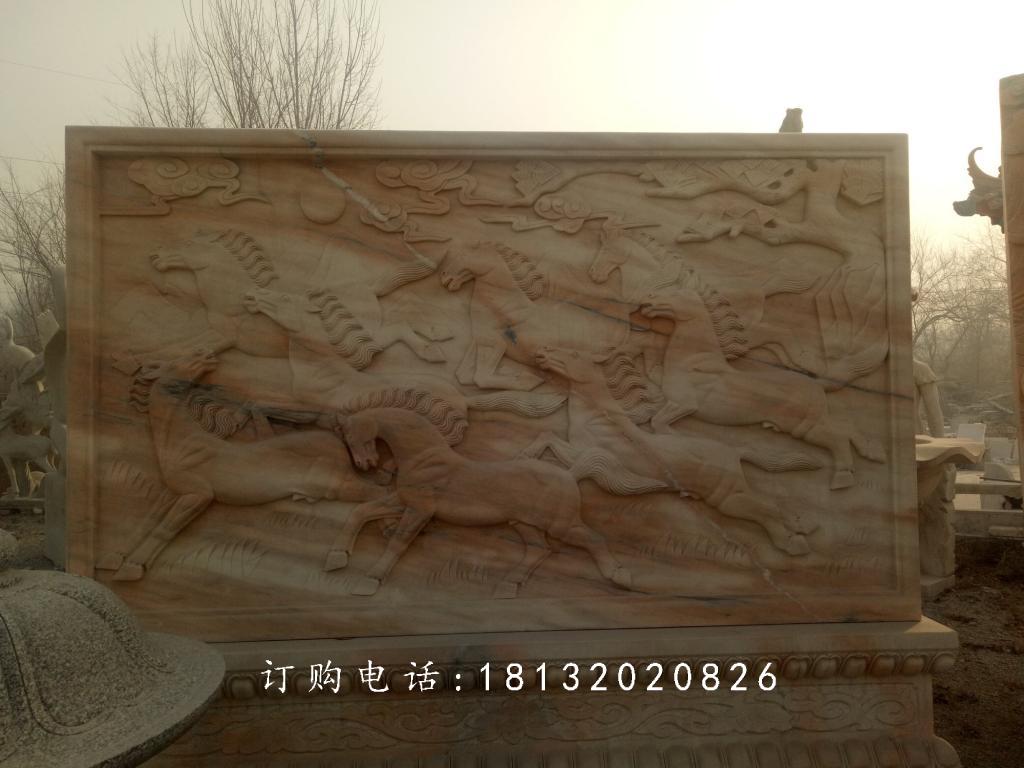 石浮雕，晚霞紅八駿圖石浮雕