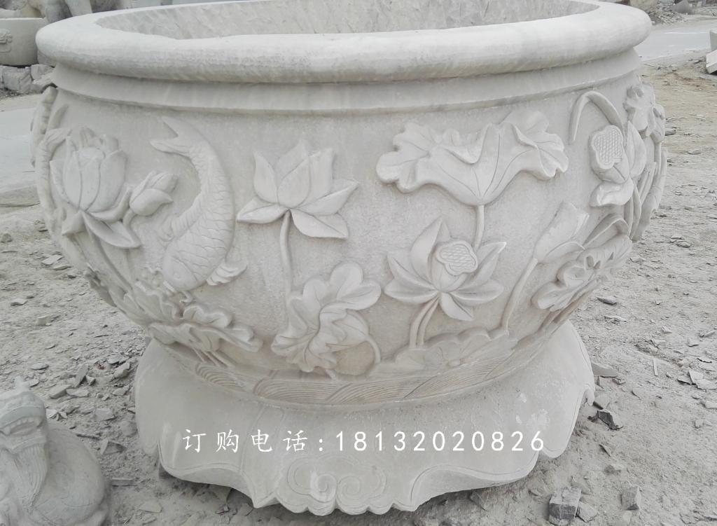 荷花與鳥花盆雕塑，水缸石雕 (1)