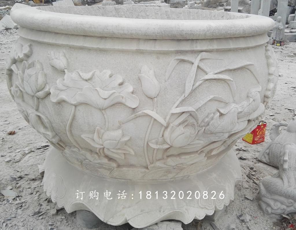 荷花與鳥花盆雕塑，水缸石雕 (3)