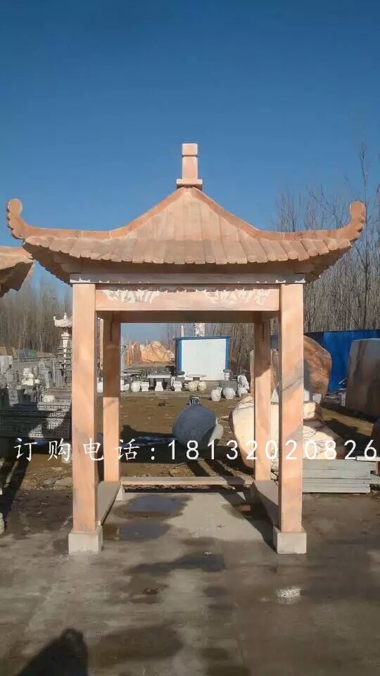 石方亭雕塑，晚霞紅石雕涼亭