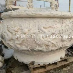 龍浮雕水缸雕塑，漢白玉石雕水缸
