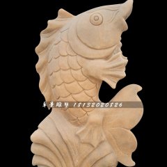 晚霞紅石雕魚，公園噴泉魚石雕