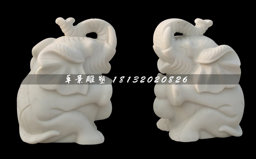 小象石雕，漢白玉象鼻向后小象石雕