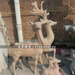 三只鹿石雕，晚霞紅動物雕塑