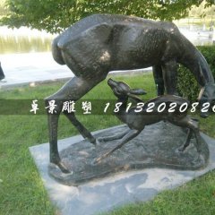 母子鹿銅雕，公園動物銅雕