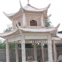 石雕雙層涼亭晚霞紅石涼亭雕塑