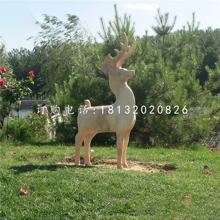 小鹿石雕，晚霞紅動物雕塑