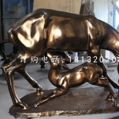 母子鹿雕塑，玻璃鋼仿銅動物雕塑