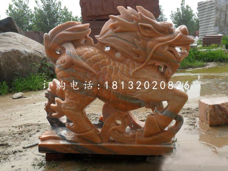 古代神獸石雕，晚霞紅麒麟雕塑 (1)