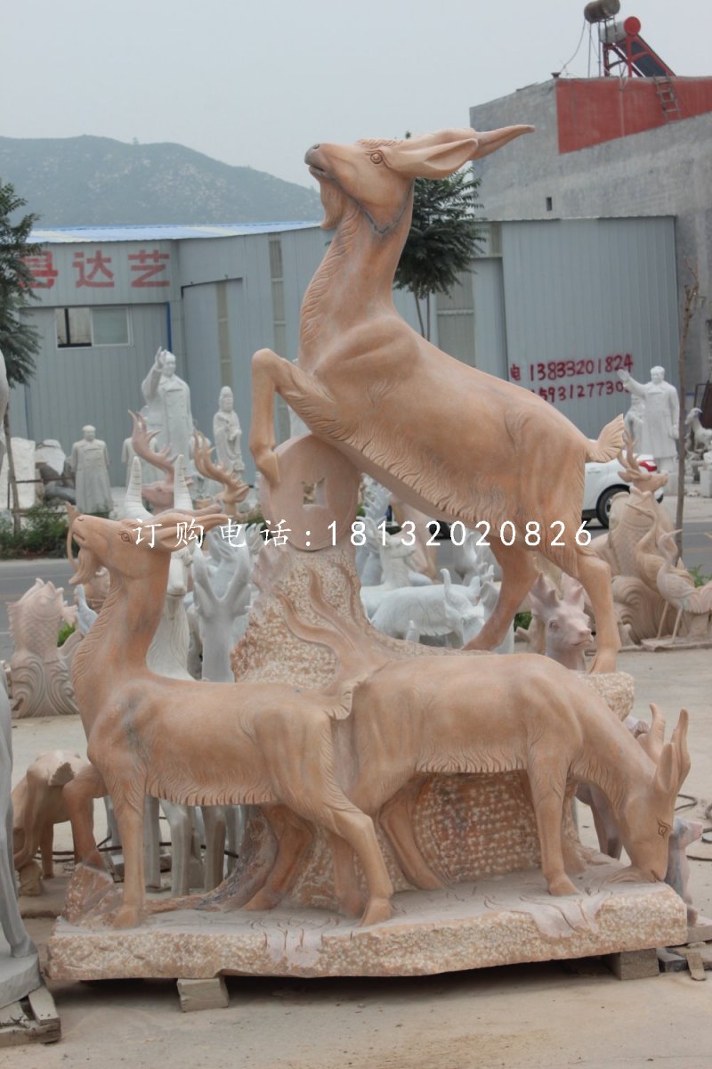 招財羊石雕，晚霞紅三陽開泰石雕