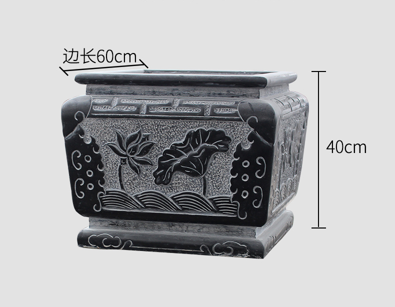 荷花浮雕水缸，青石浮雕水缸