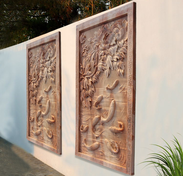 晚霞紅壁畫浮雕，連年有余壁畫浮雕