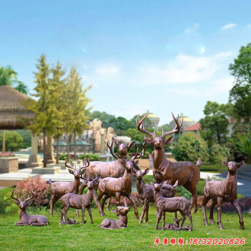 玻璃鋼仿銅梅花鹿，公園動物雕塑[1][1][1]