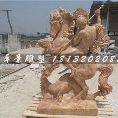 西方人物騎馬石雕，晚霞紅景觀石雕