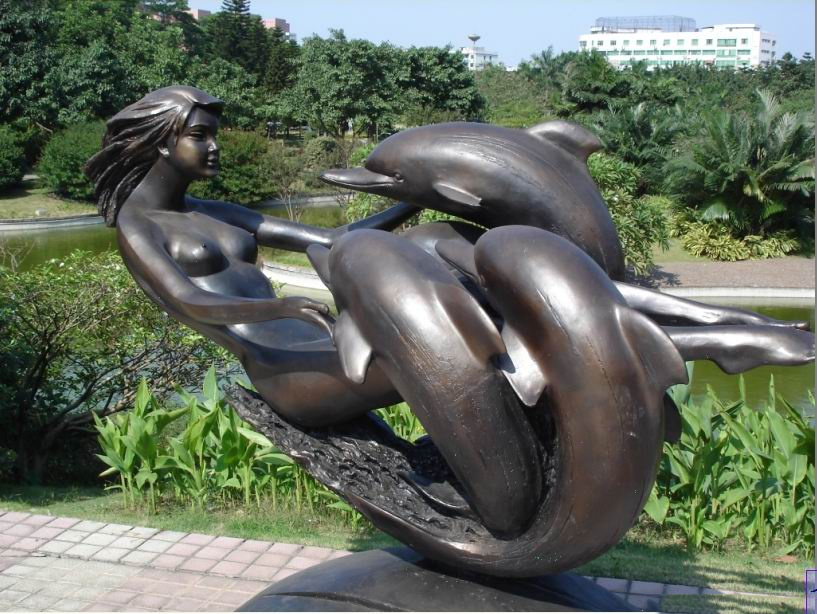 公園景觀銅雕，美女與海豚銅雕