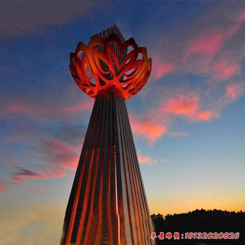 創(chuàng)意抽象紅色鏤空花朵公園景觀，不銹鋼雕塑 (2)